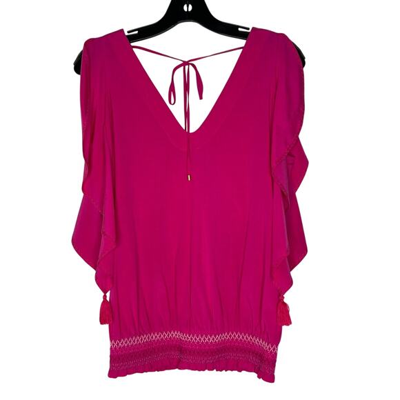 Trina Turk Women’s Size M Pink Smocked Tassel V-Neck Top Boho Silk Blend - Picture 1 of 10